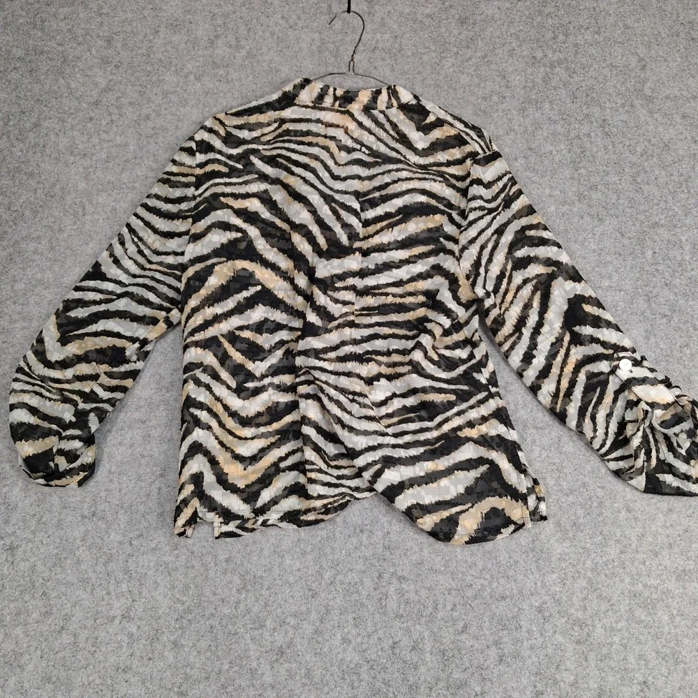 Ruby Rd. Blouse Womens 16P Black Zebra Print Roll-Tab Sleeve Burnout Button Up